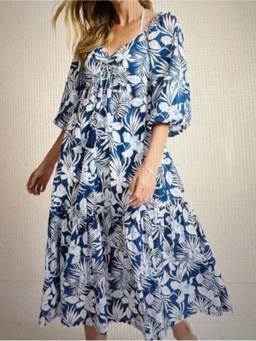 Tommy Bahama Womens Blue Floral Blooms V Neck Midi Sun Dress Cotton Sz M New